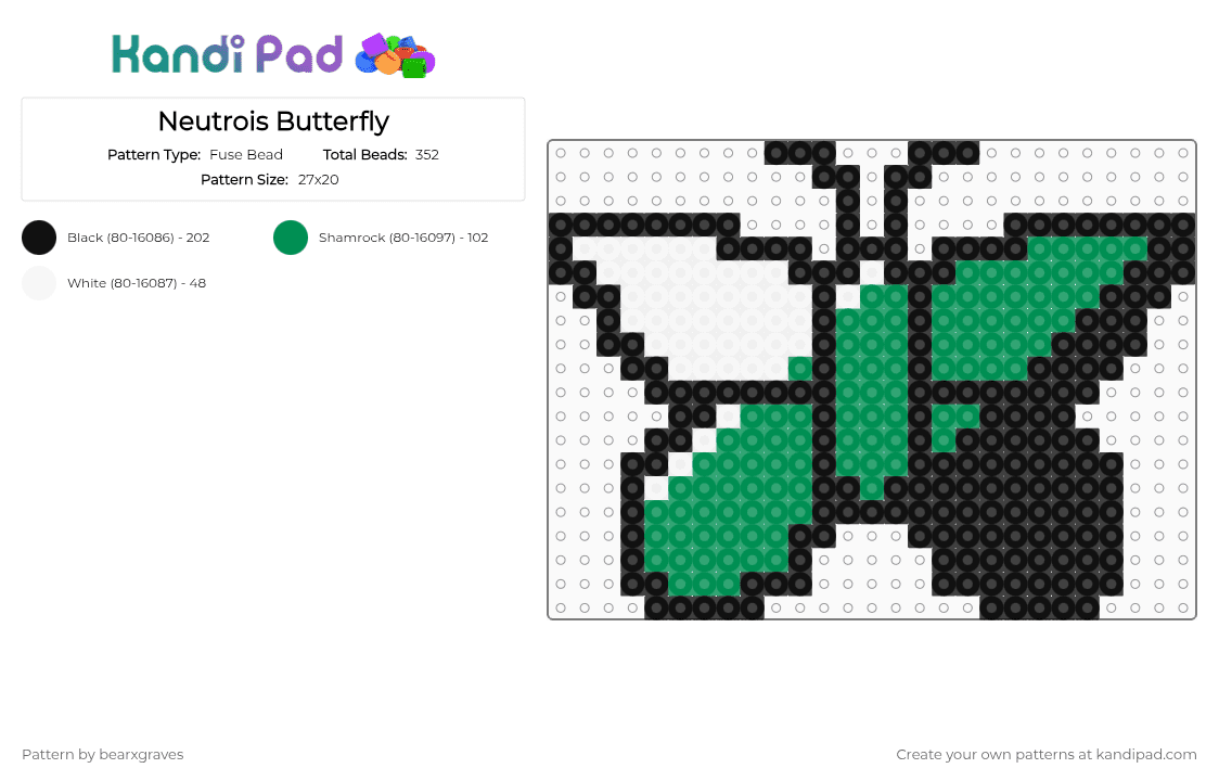 Neutrois Butterfly - Fuse Bead Pattern by bearxgraves on Kandi Pad - white,green,pride,butterfly,neutrois