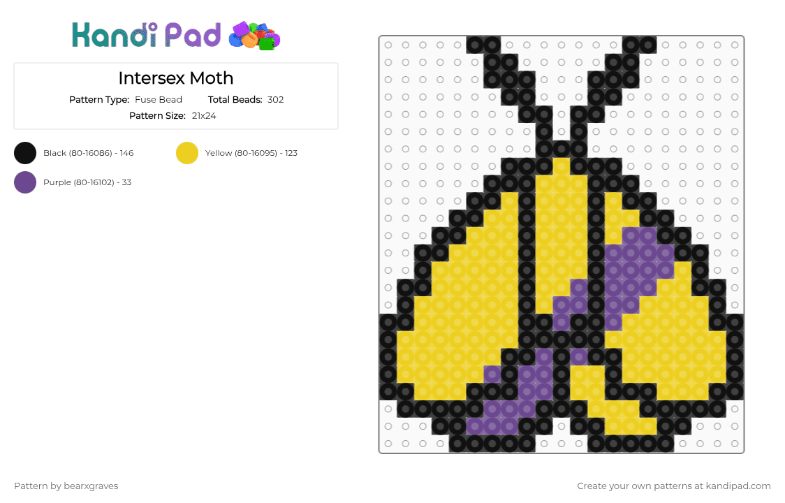 Intersex Moth - Fuse Bead Pattern by bearxgraves on Kandi Pad - 