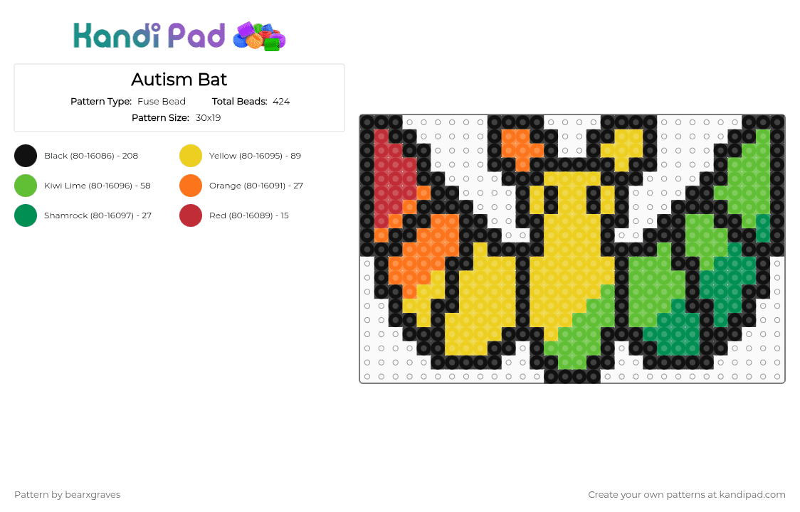 Autism Bat - Fuse Bead Pattern by bearxgraves on Kandi Pad - black,yellow,green,pride,bat,autism