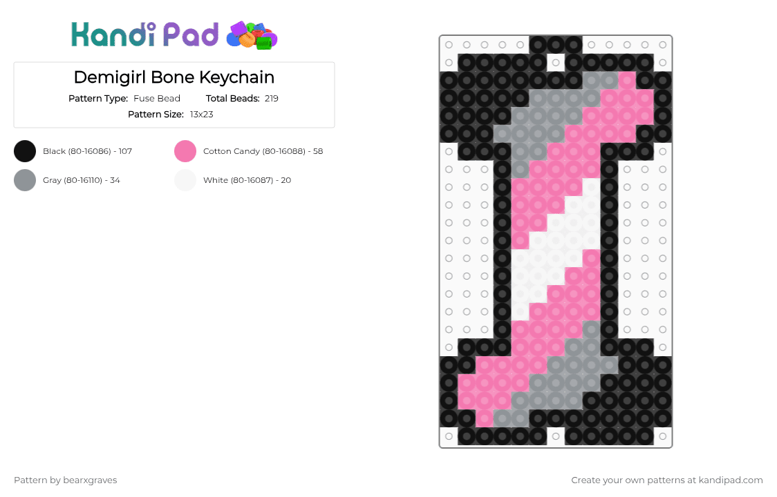 Demigirl Bone Keychain - Fuse Bead Pattern by bearxgraves on Kandi Pad - pink,gray,pride,bone,demigirl