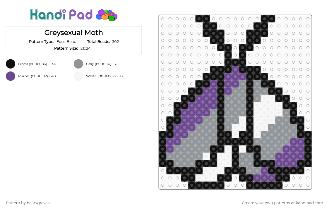 Greysexual Moth - Fuse Bead Pattern by bearxgraves on Kandi Pad - gray,purple,pride,moth,greysexual