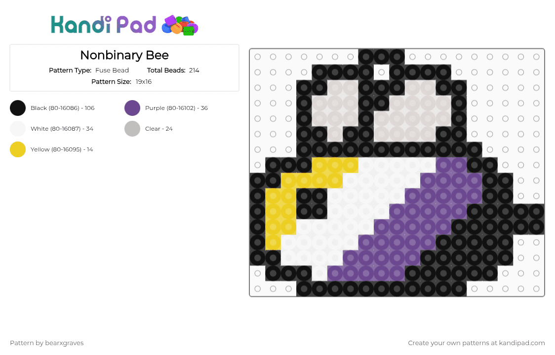 Nonbinary Bee Keychain - Fuse Bead Pattern by bearxgraves on Kandi Pad - black,beige,purple,pride,bee,nonbinary