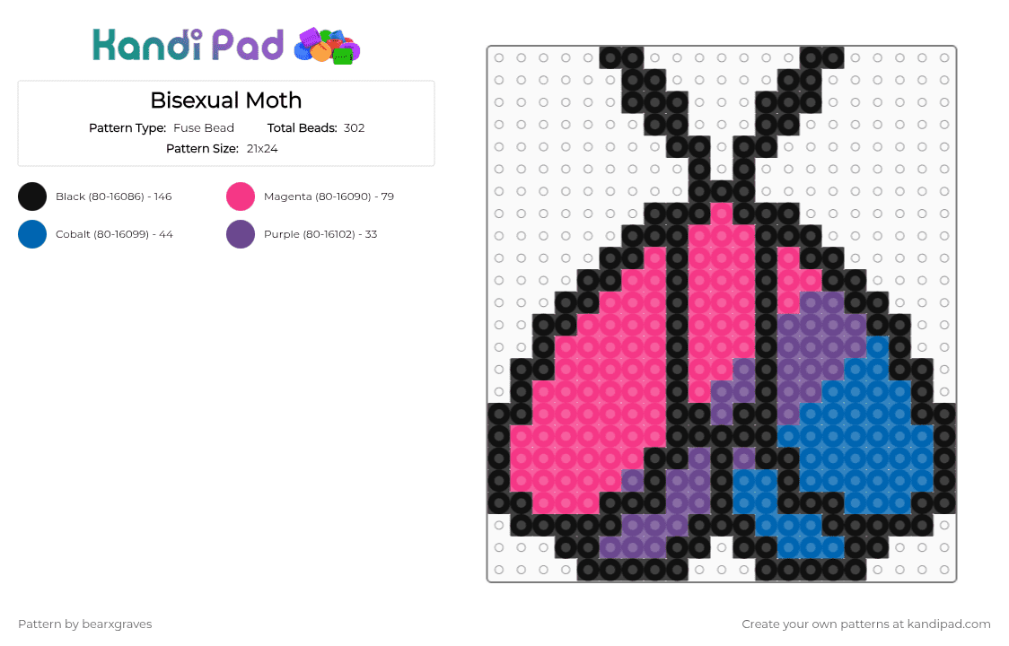 Bisexual Moth - Fuse Bead Pattern by bearxgraves on Kandi Pad - pink,pride,moth,bisexual