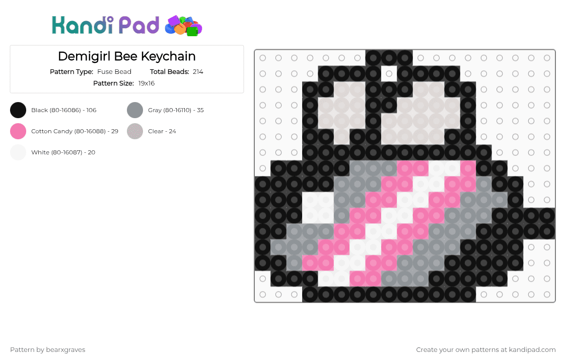 Demigirl Bee Keychain - Fuse Bead Pattern by bearxgraves on Kandi Pad - black,gray,pink,pride,bee,demigirl