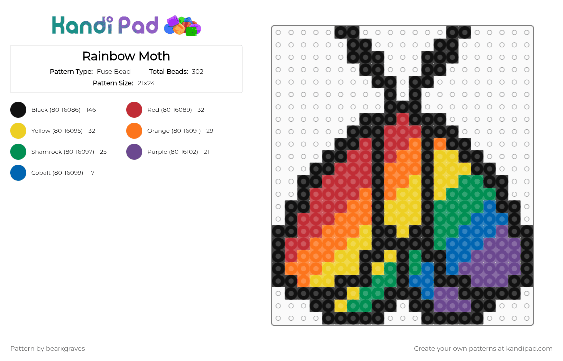 Rainbow Moth - Fuse Bead Pattern by bearxgraves on Kandi Pad - 