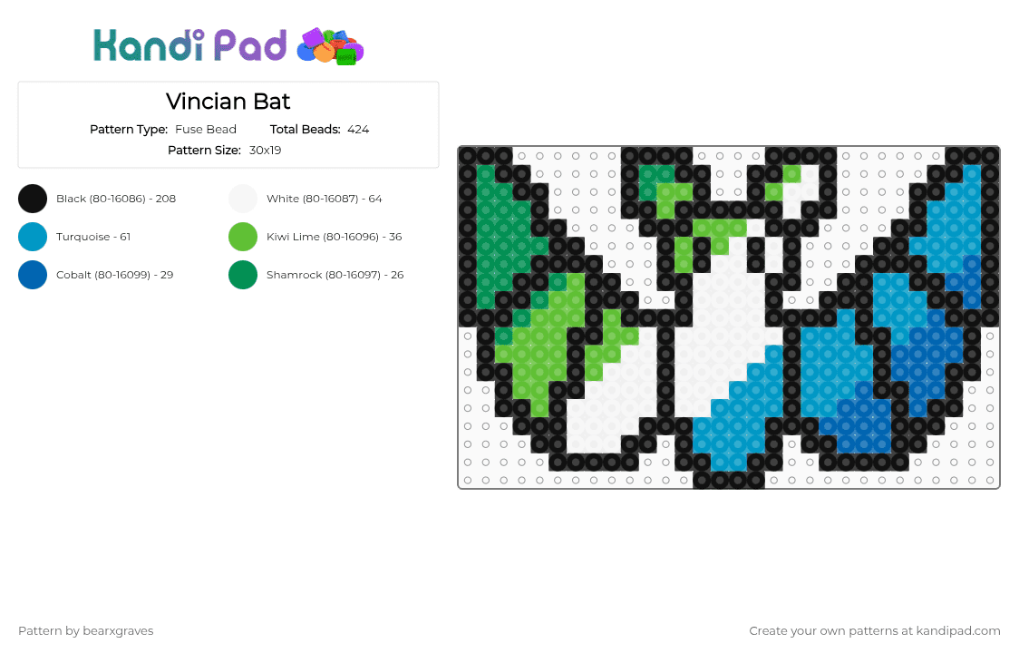 Vincian Bat - Fuse Bead Pattern by bearxgraves on Kandi Pad - black,green,light blue,pride,bat,vincian