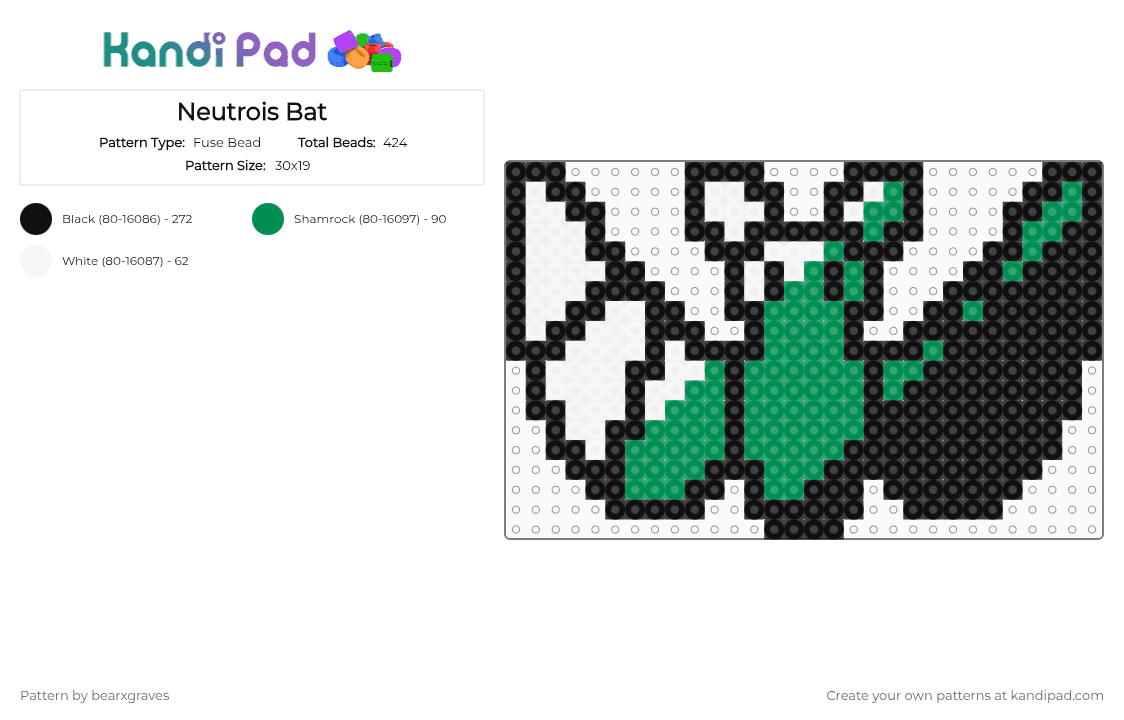 Neutrois Bat - Fuse Bead Pattern by bearxgraves on Kandi Pad - black,white,green,pride,bat,neutrois