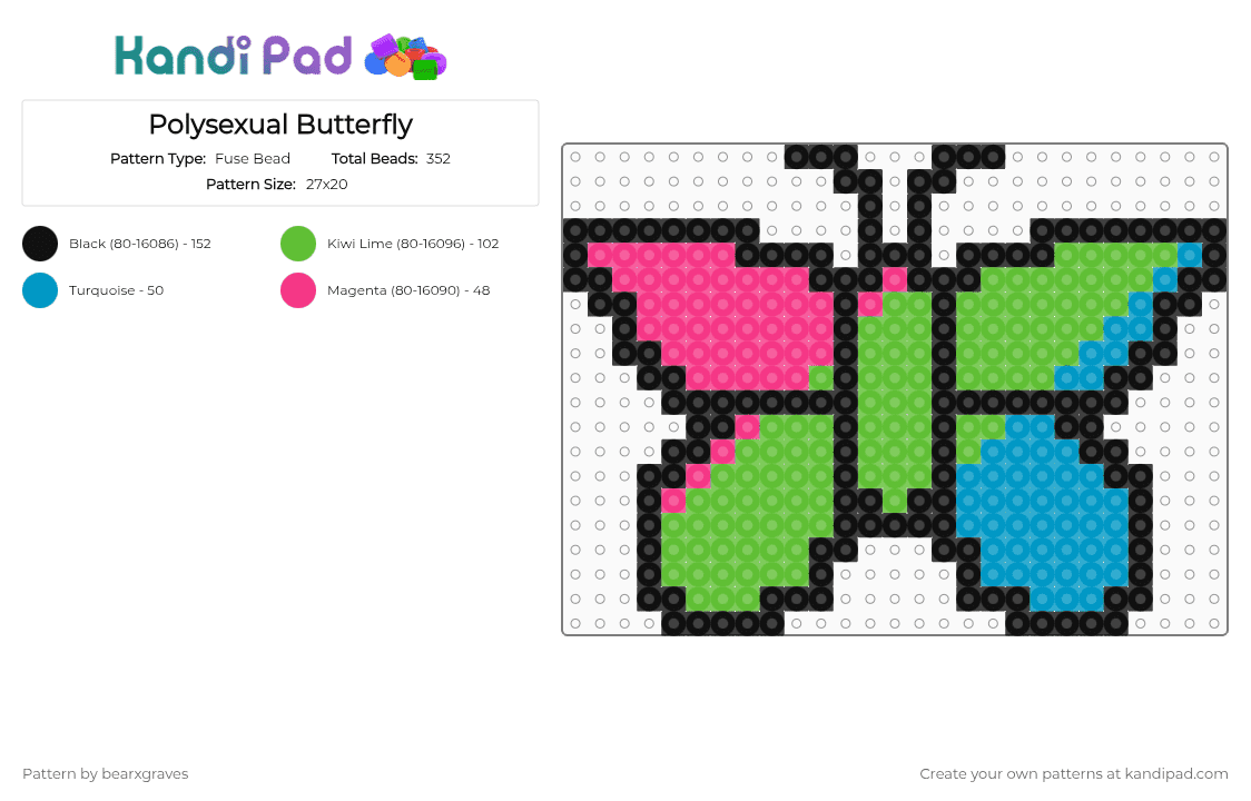 Polysexual Butterfly - Fuse Bead Pattern by bearxgraves on Kandi Pad - green,pride,butterfly,polysexual
