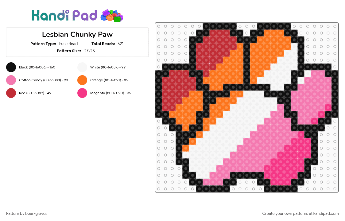 Lesbian Chunky Paw - Fuse Bead Pattern by bearxgraves on Kandi Pad - lesbian, orange, paw, pink, pride