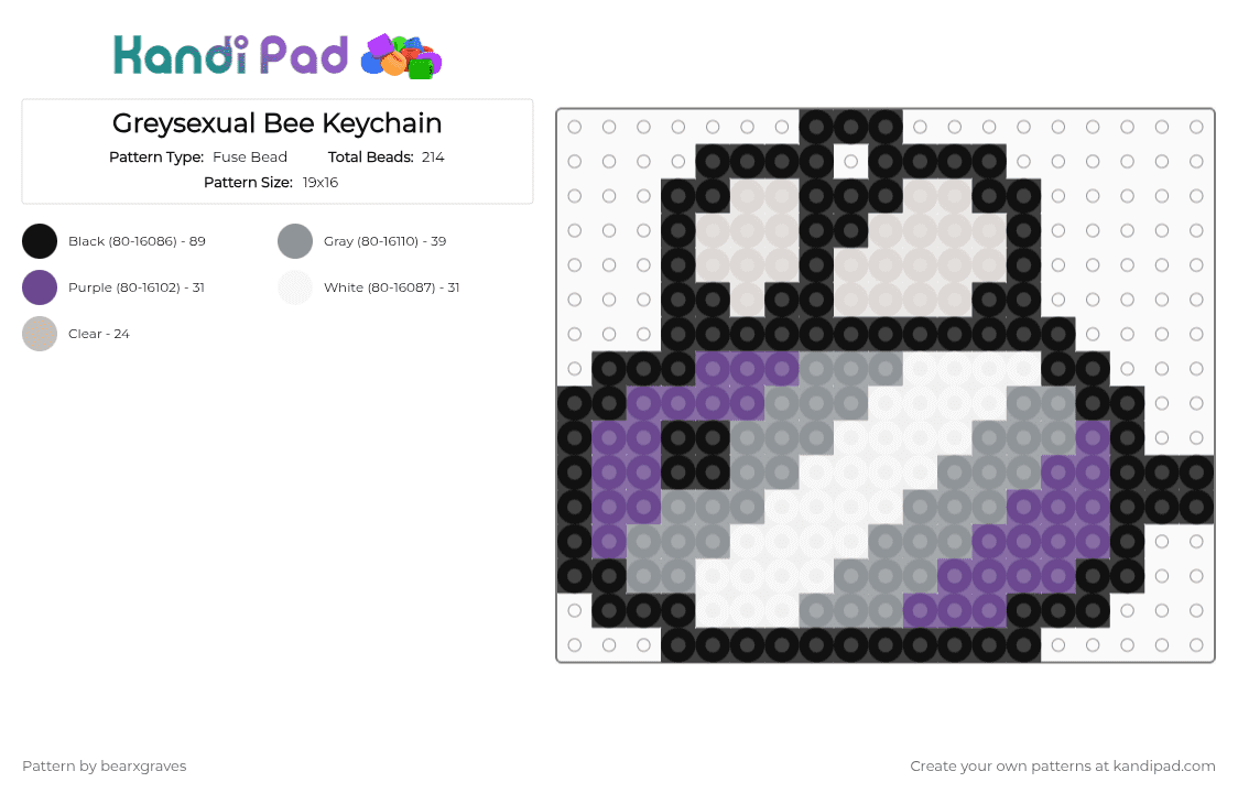 Greysexual Bee Keychain - Fuse Bead Pattern by bearxgraves on Kandi Pad - gray,purple,pride,bee,greysexual
