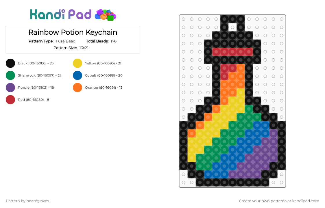 Rainbow Potion Keychain - Fuse Bead Pattern by bearxgraves on Kandi Pad - yellow,green,blue,purple,pride,potion,rainbow