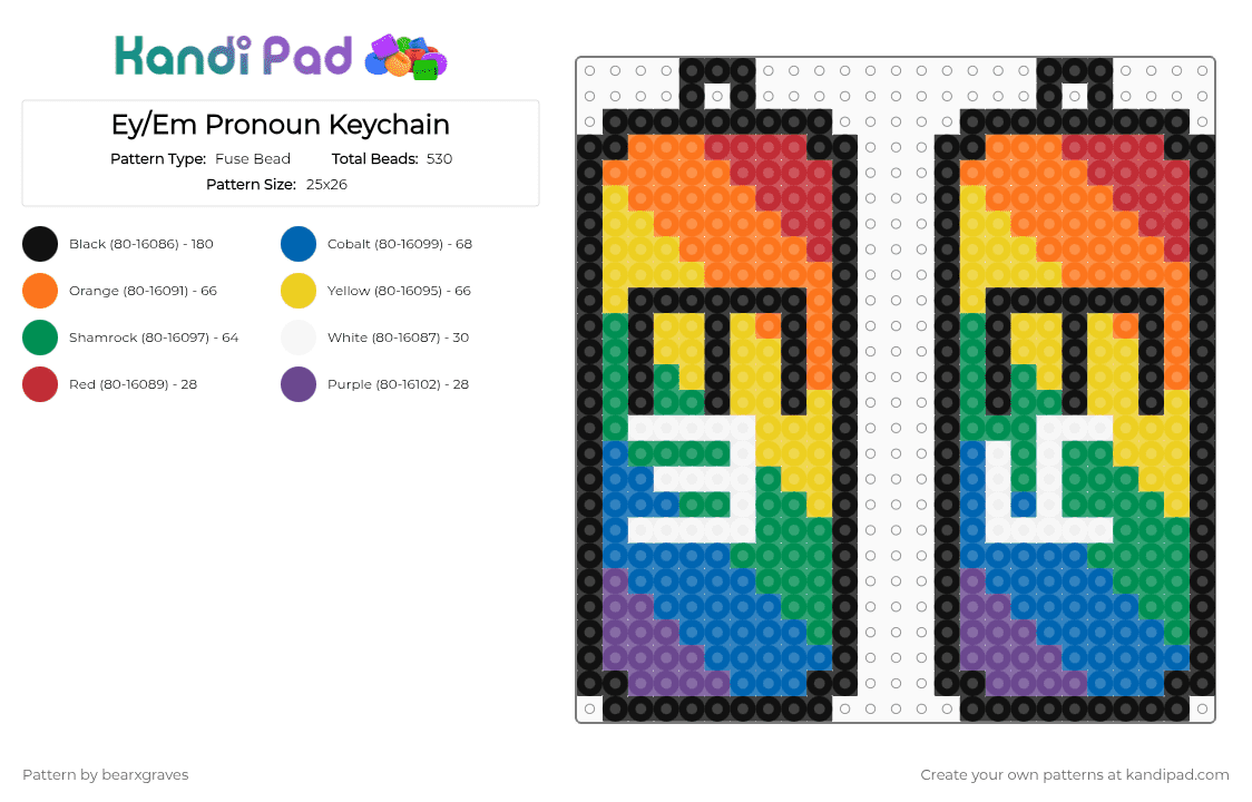 Ey/Em Keychain - Fuse Bead Pattern by bearxgraves on Kandi Pad - orange,yellow,green,blue,pride,pronouns,rainbow