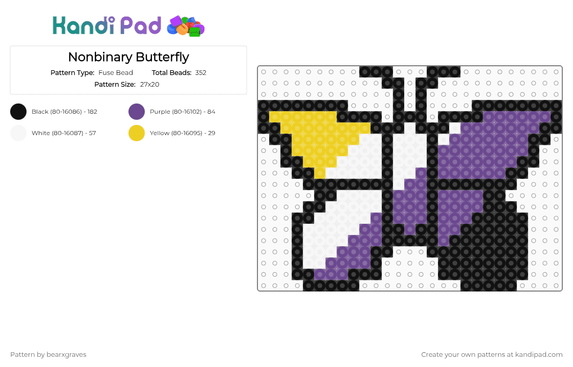 Nonbinary Butterfly - Fuse Bead Pattern by bearxgraves on Kandi Pad - purple,pride,butterfly,nonbinary