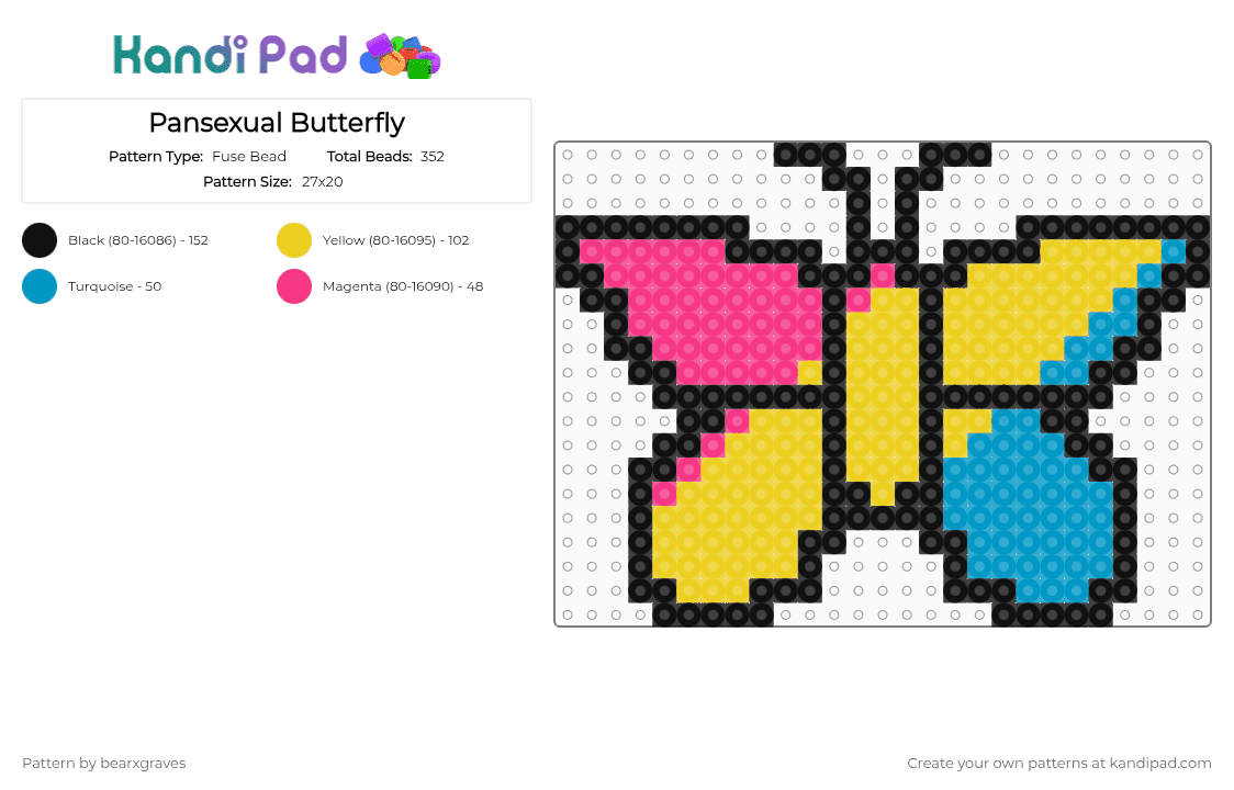 Pansexual Butterfly - Fuse Bead Pattern by bearxgraves on Kandi Pad - yellow,pride,butterfly,pansexual