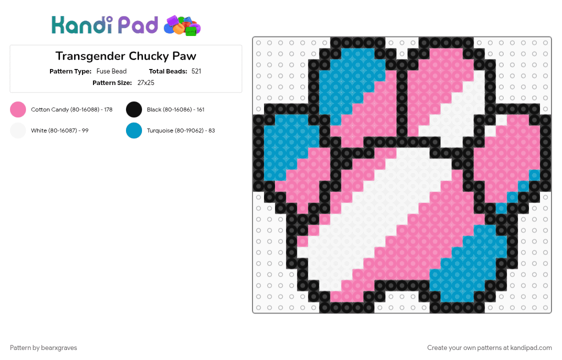Transgender Chucky Paw - Fuse Bead Pattern by bearxgraves on Kandi Pad - light blue, paw, pink, pride, transgender