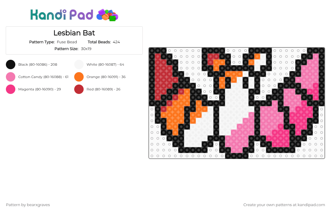 Lesbian Bat - Fuse Bead Pattern by bearxgraves on Kandi Pad - black,pink,pride,bat,lesbian