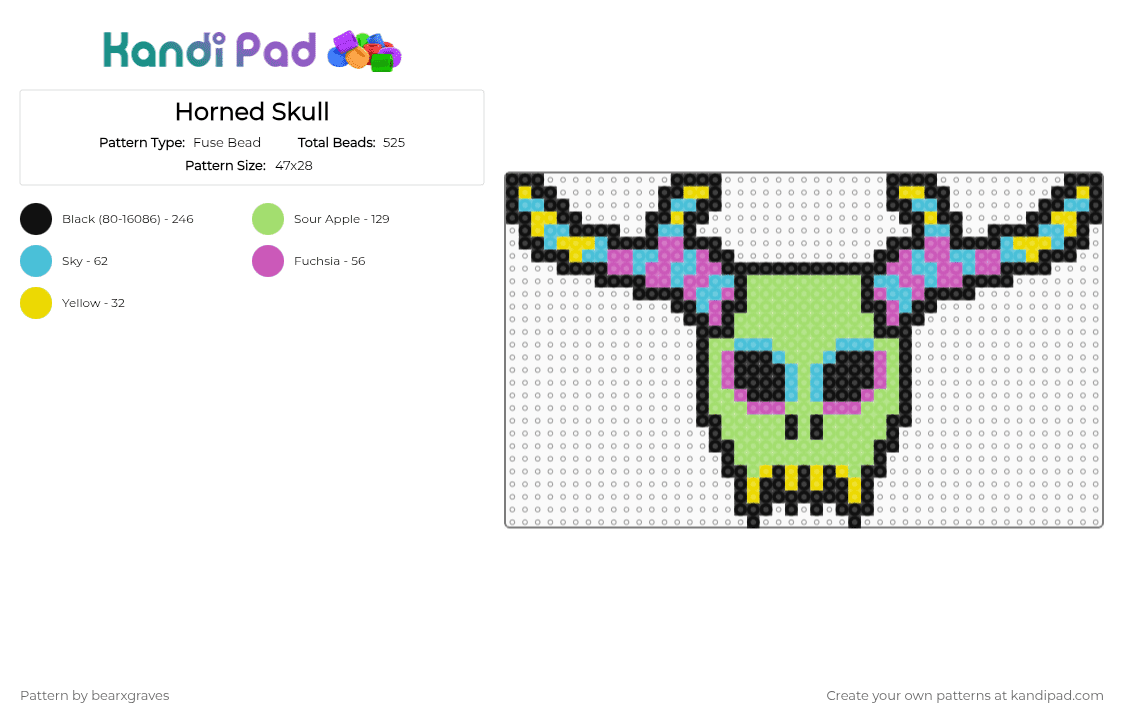 Horned Skull - Fuse Bead Pattern by bearxgraves on Kandi Pad - green,skull,horns,neon,colorful