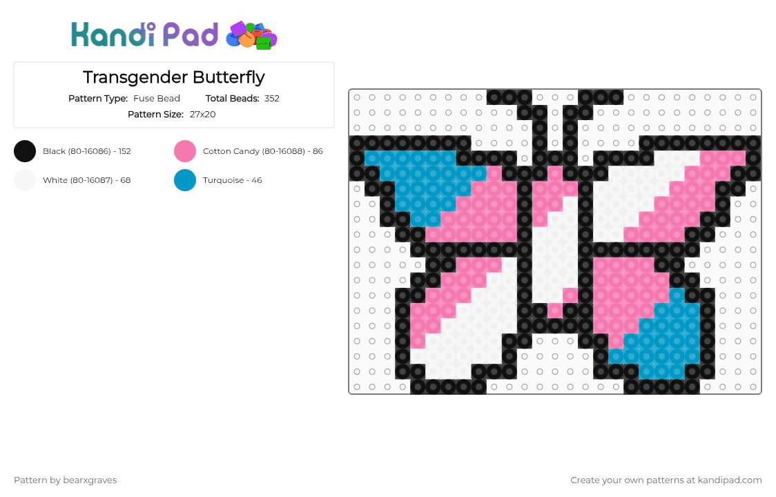 Transgender Butterfly - Fuse Bead Pattern by bearxgraves on Kandi Pad - pink,light blue,pride,butterfly,transgender
