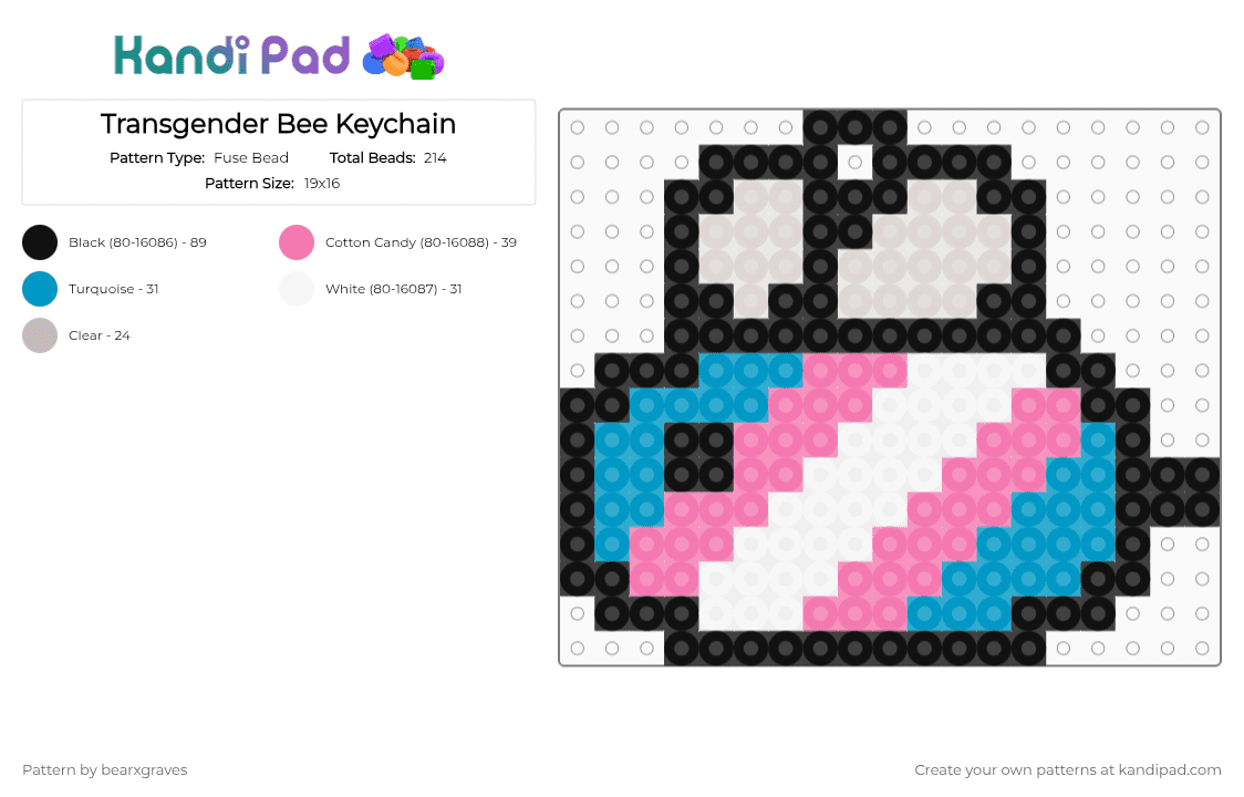 Transgender Bee Keychain - Fuse Bead Pattern by bearxgraves on Kandi Pad - pink,light blue,pride,bee,transgender