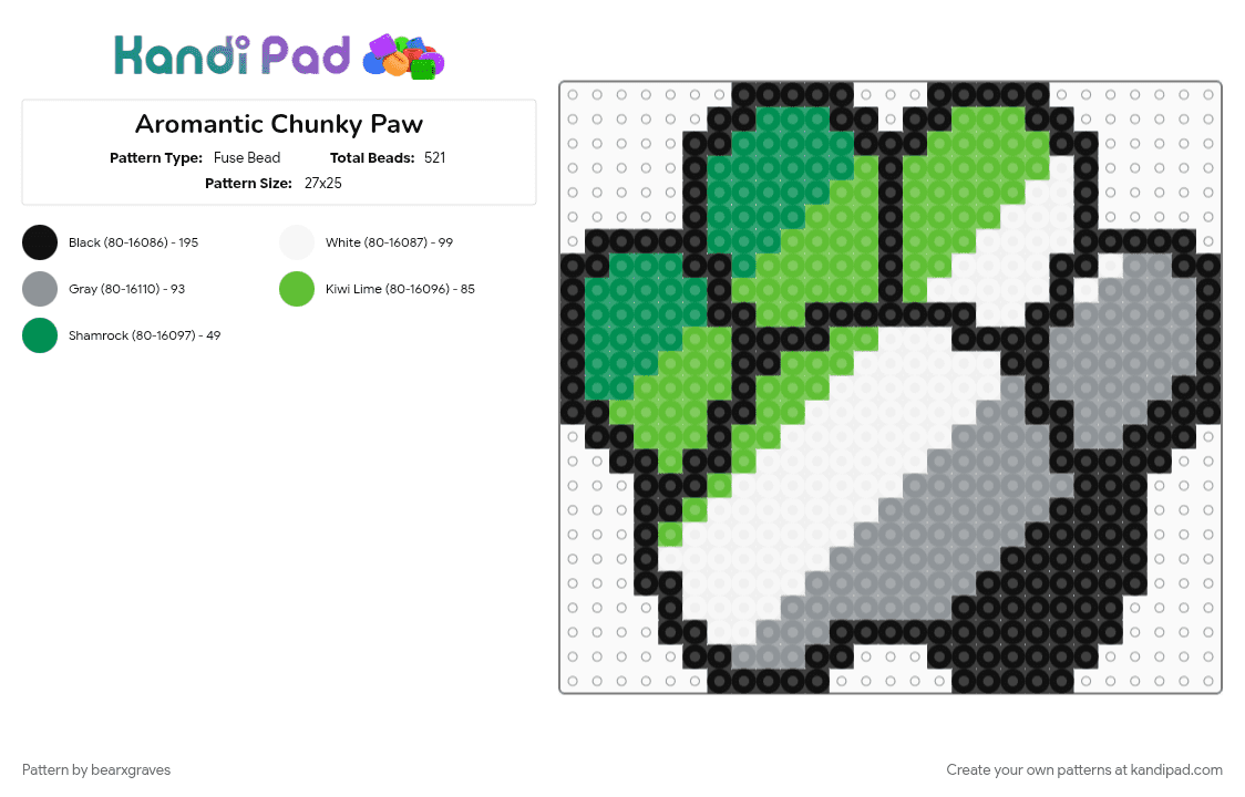 Aromantic Chunky Paw - Fuse Bead Pattern by bearxgraves on Kandi Pad - aromantic, gray, green, paw, pride
