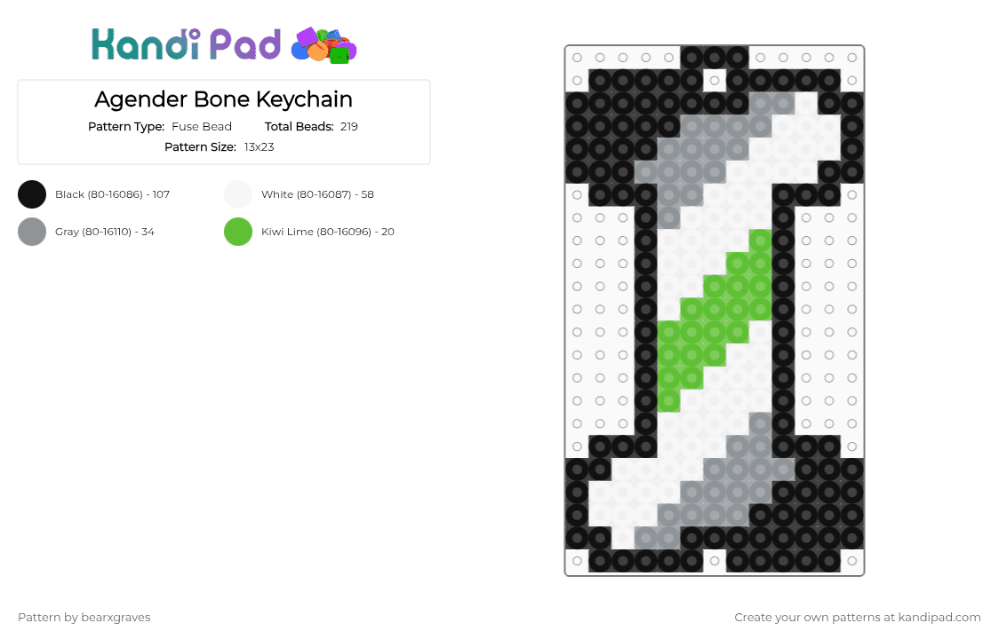 Agender Bone Keychain - Fuse Bead Pattern by bearxgraves on Kandi Pad - gray,green,pride,bone,agender