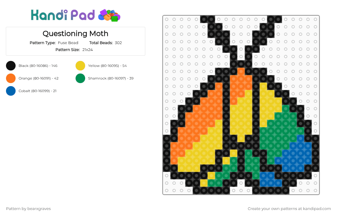 Questioning Moth - Fuse Bead Pattern by bearxgraves on Kandi Pad - green,orange,yellow,pride,moth,questioning