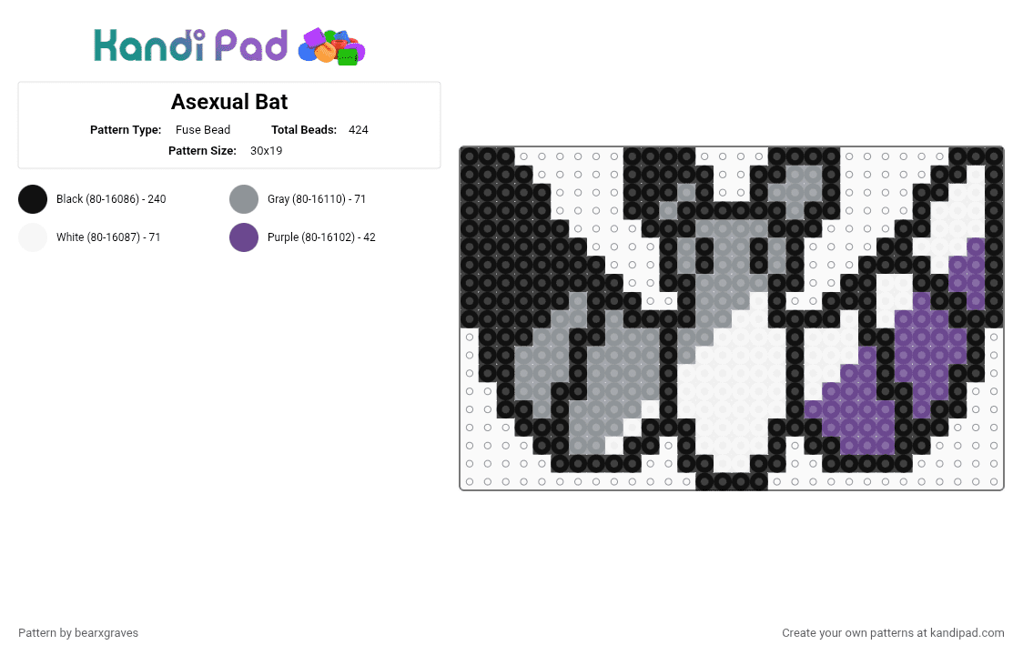 Asexual Bat - Fuse Bead Pattern by bearxgraves on Kandi Pad - black,gray,purple,pride,bat,asexual