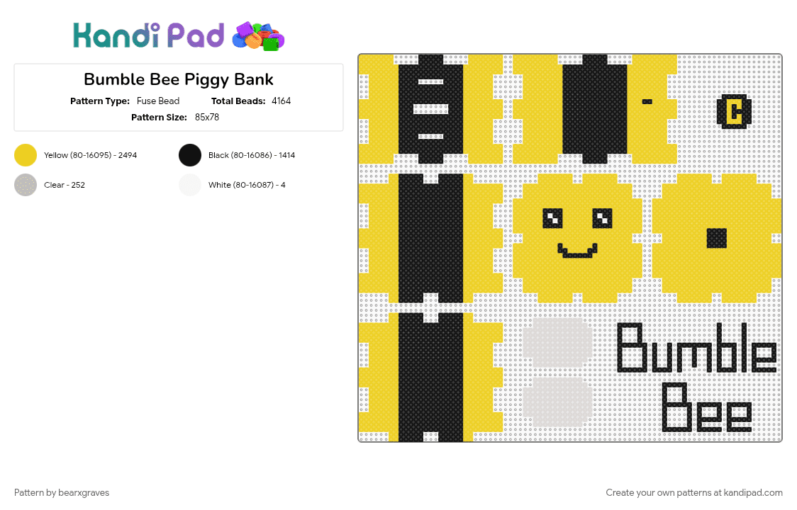 Bumble Bee Piggy Bank - Fuse Bead Pattern by bearxgraves on Kandi Pad - yellow
