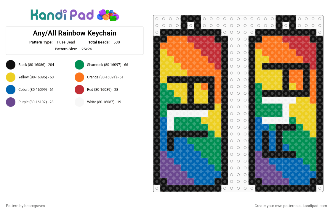 Any/All Keychain - Fuse Bead Pattern by bearxgraves on Kandi Pad - orange,yellow,green,blue,pride,pronouns,rainbow