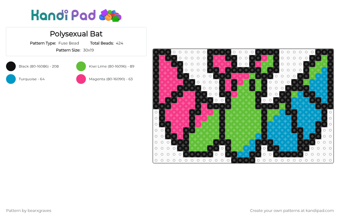 Polysexual Bat - Fuse Bead Pattern by bearxgraves on Kandi Pad - green,pride,bat,polysexual