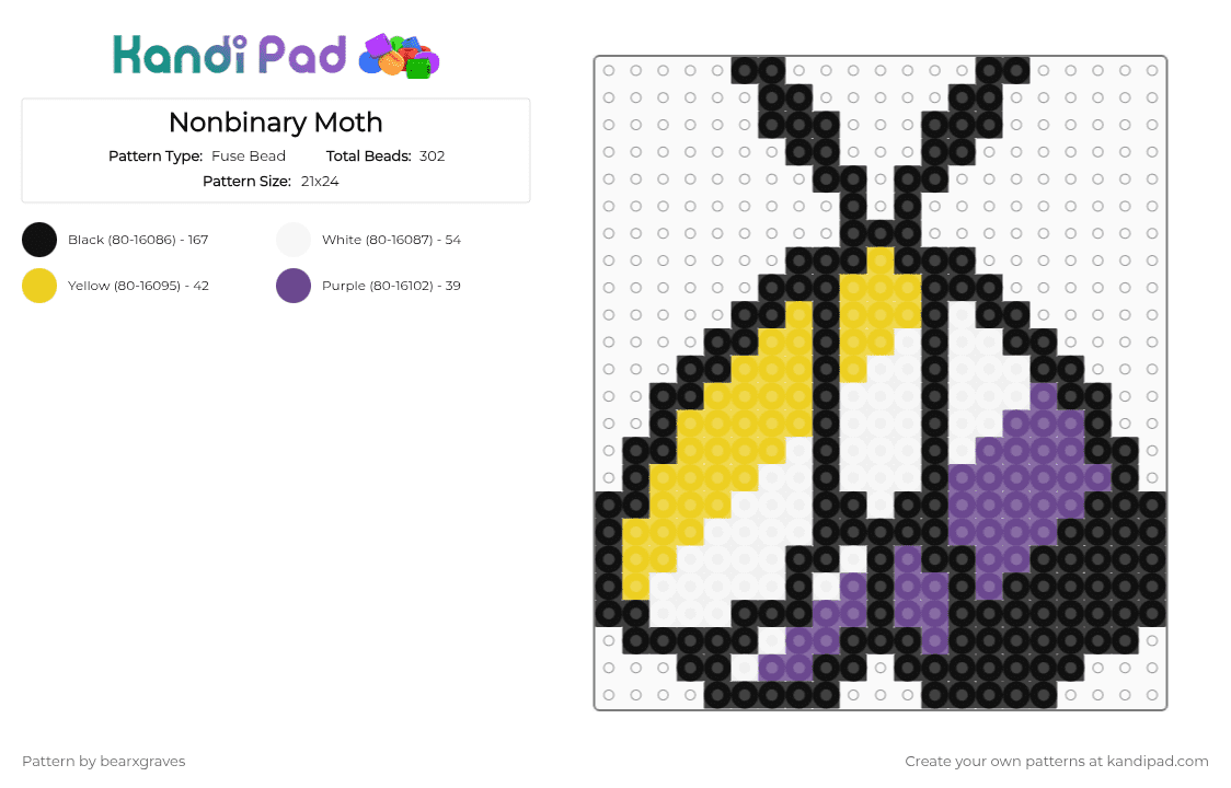 Nonbinary Moth - Fuse Bead Pattern by bearxgraves on Kandi Pad - pride,moth,nonbinary