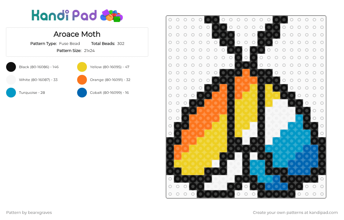 Aroace Moth - Fuse Bead Pattern by bearxgraves on Kandi Pad - black,orange,yellow,pride,moth,aroace