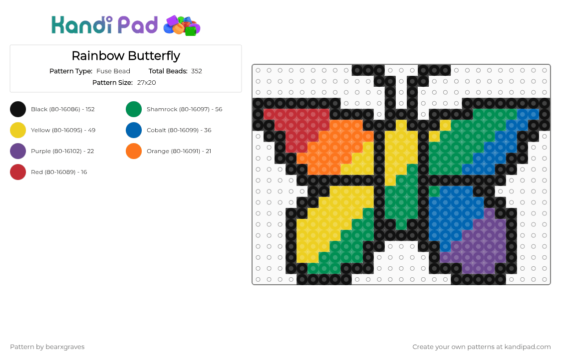 Rainbow Butterfly - Fuse Bead Pattern by bearxgraves on Kandi Pad - yellow,green,blue,pride,butterfly,rainbow