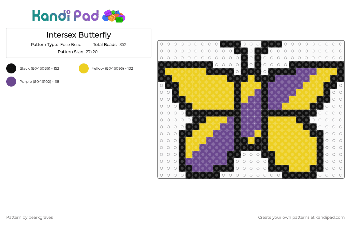 Intersex Butterfly - Fuse Bead Pattern by bearxgraves on Kandi Pad - yellow,purple,pride,butterfly,intersex