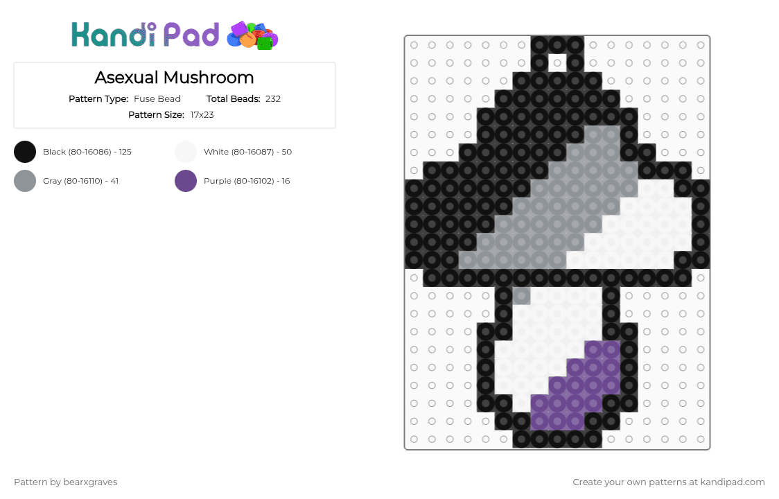 Asexual Mushroom Keychain - Fuse Bead Pattern by bearxgraves on Kandi Pad - gray,purple,pride,mushroom,asexual