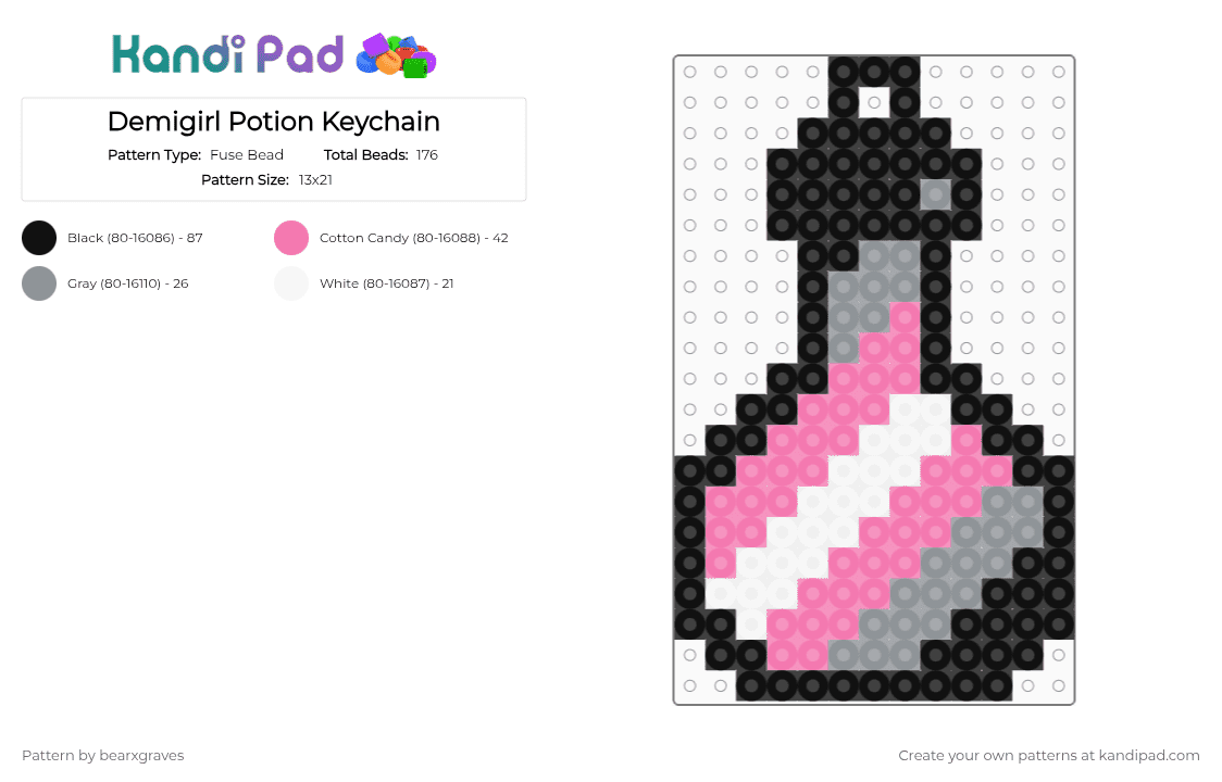 Demigirl Potion Keychain - Fuse Bead Pattern by bearxgraves on Kandi Pad - gray,pink,pride,potion,demigirl