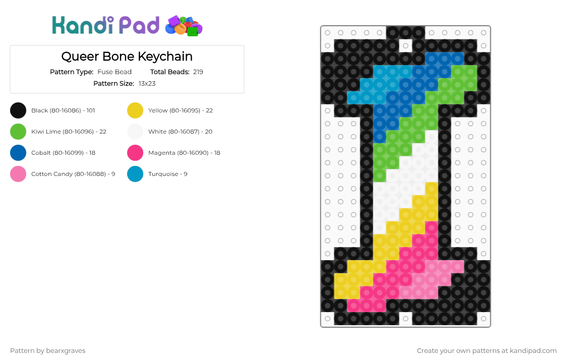 Queer Bone Keychain - Fuse Bead Pattern by bearxgraves on Kandi Pad - black,yellow,pink,green,pride,bone,queer