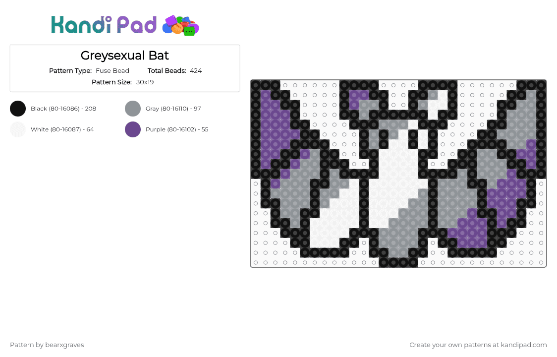 Greysexual Bat - Fuse Bead Pattern by bearxgraves on Kandi Pad - purple,gray,pride,bat,greysexual