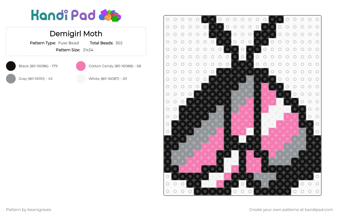 Demigirl Moth - Fuse Bead Pattern by bearxgraves on Kandi Pad - 