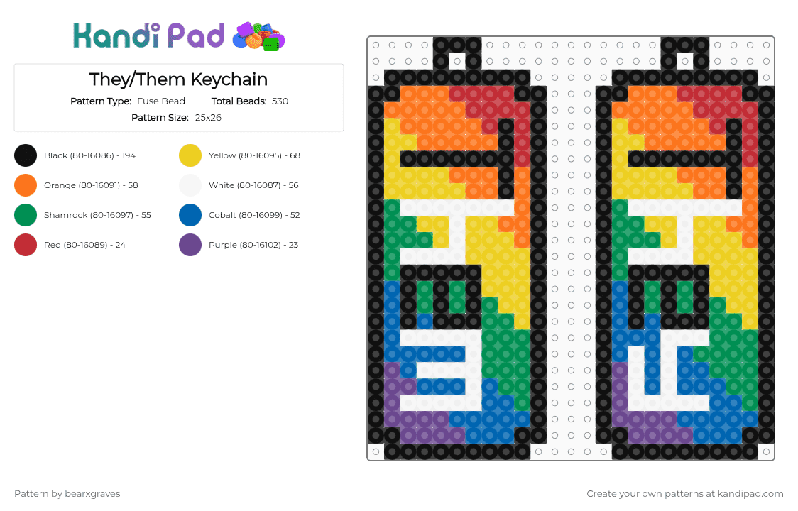 They/Them Keychain - Fuse Bead Pattern by bearxgraves on Kandi Pad - yellow,orange,green,blue,pride,pronouns,rainbow