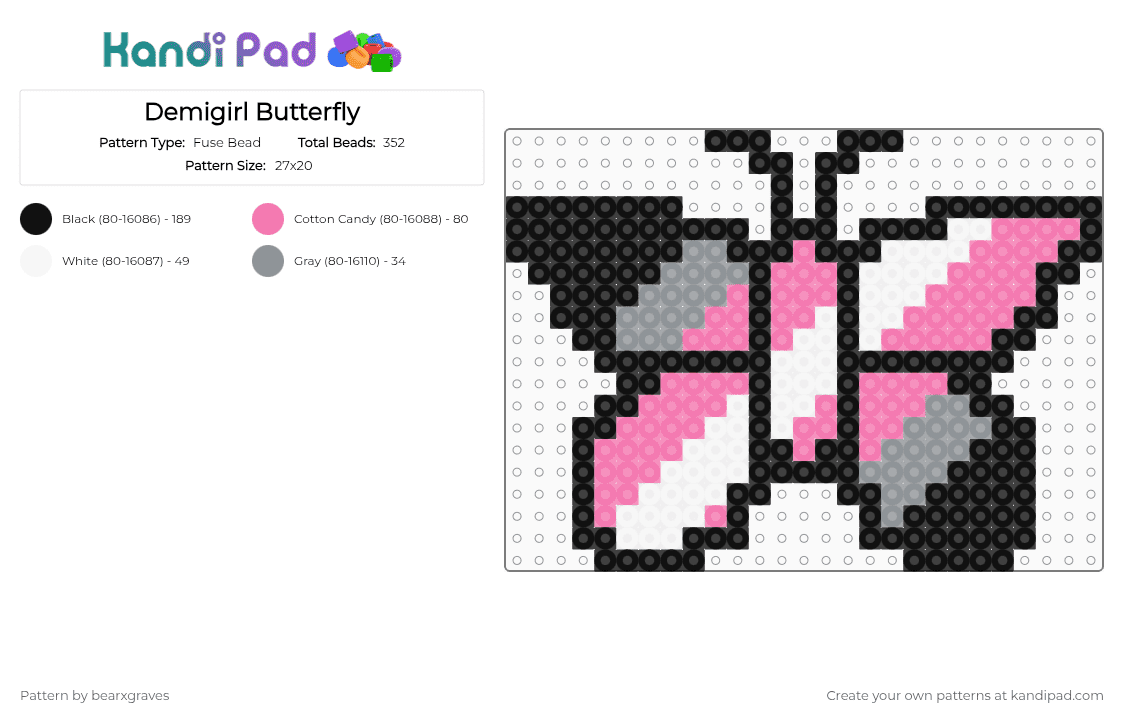 Demigirl Butterfly - Fuse Bead Pattern by bearxgraves on Kandi Pad - gray,pink,pride,butterfly,demigirl