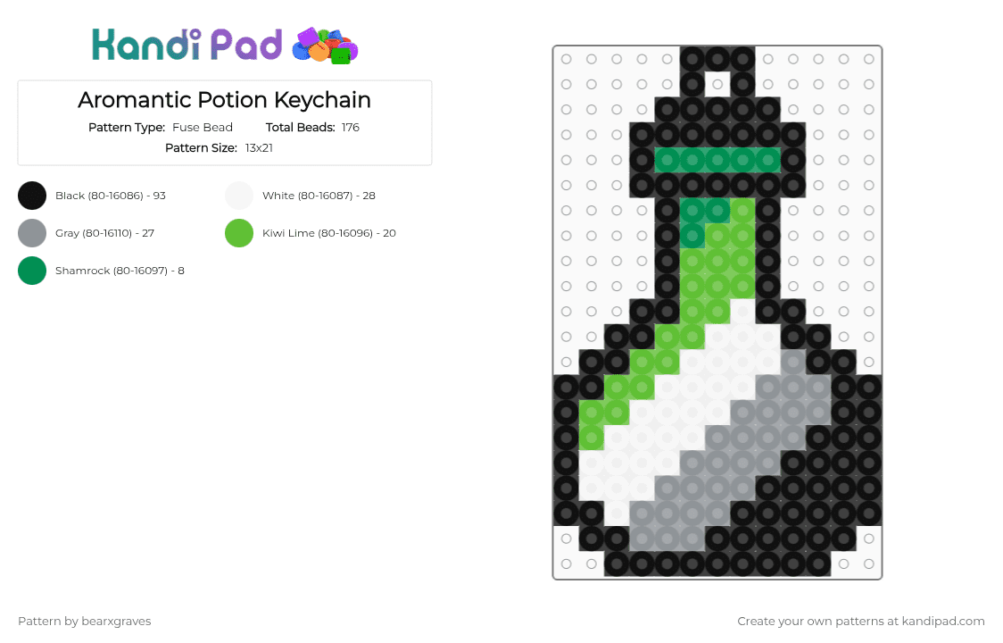Aromantic Potion Keychain - Fuse Bead Pattern by bearxgraves on Kandi Pad - green,gray,pride,potion,aromantic