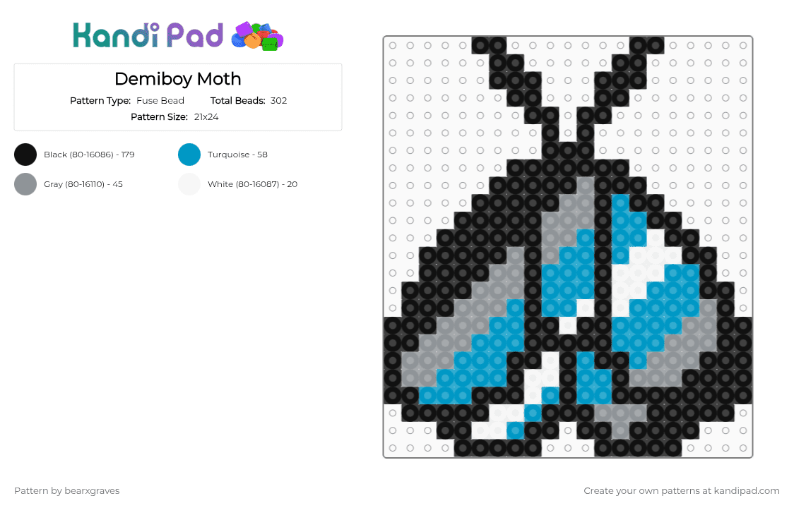 Demiboy Moth - Fuse Bead Pattern by bearxgraves on Kandi Pad - black,light blue,gray,pride,moth,demiboy