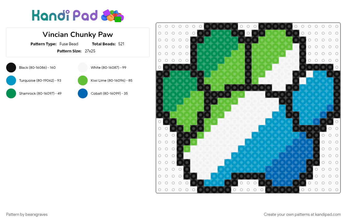 Vincian Chunky Paw - Fuse Bead Pattern by bearxgraves on Kandi Pad - green, light blue, paw, pride, vincian
