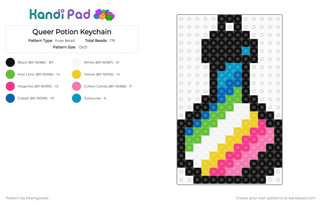 Queer Potion Keychain - Fuse Bead Pattern by bearxgraves on Kandi Pad - black,green,yellow,pink,pride,potion,queer
