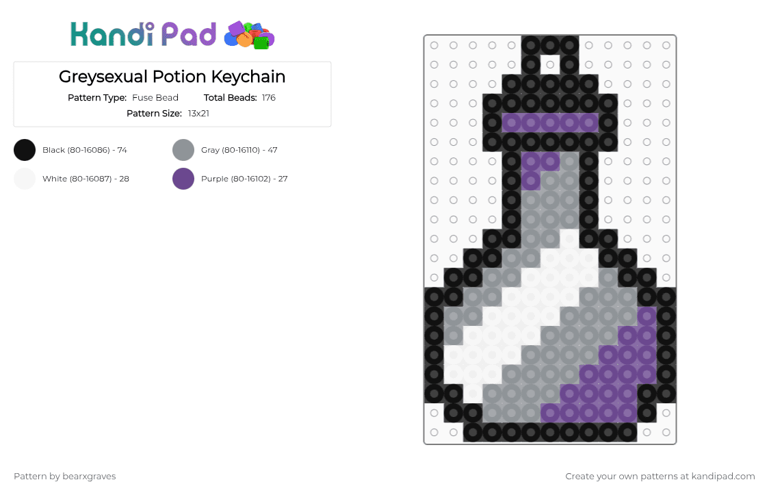 Greysexual Potion Keychain - Fuse Bead Pattern by bearxgraves on Kandi Pad - purple,gray,pride,potion,greysexual