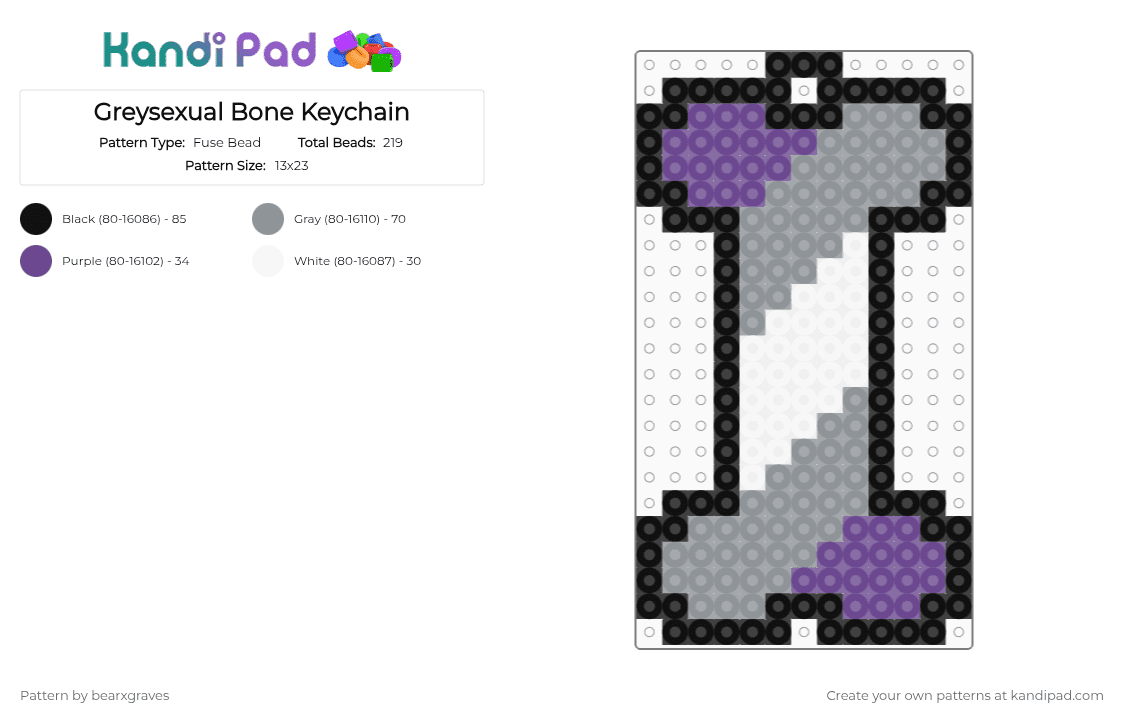 Greysexual Bone Keychain - Fuse Bead Pattern by bearxgraves on Kandi Pad - gray,purple,pride,bone,greysexual