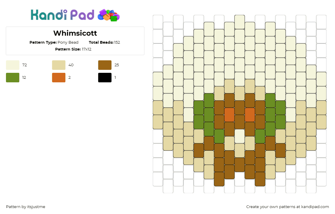 Whimsicott - Pony Bead Pattern by itsjustme on Kandi Pad - whimsicott,pokemon,small,cute,anime,character,beige,brown