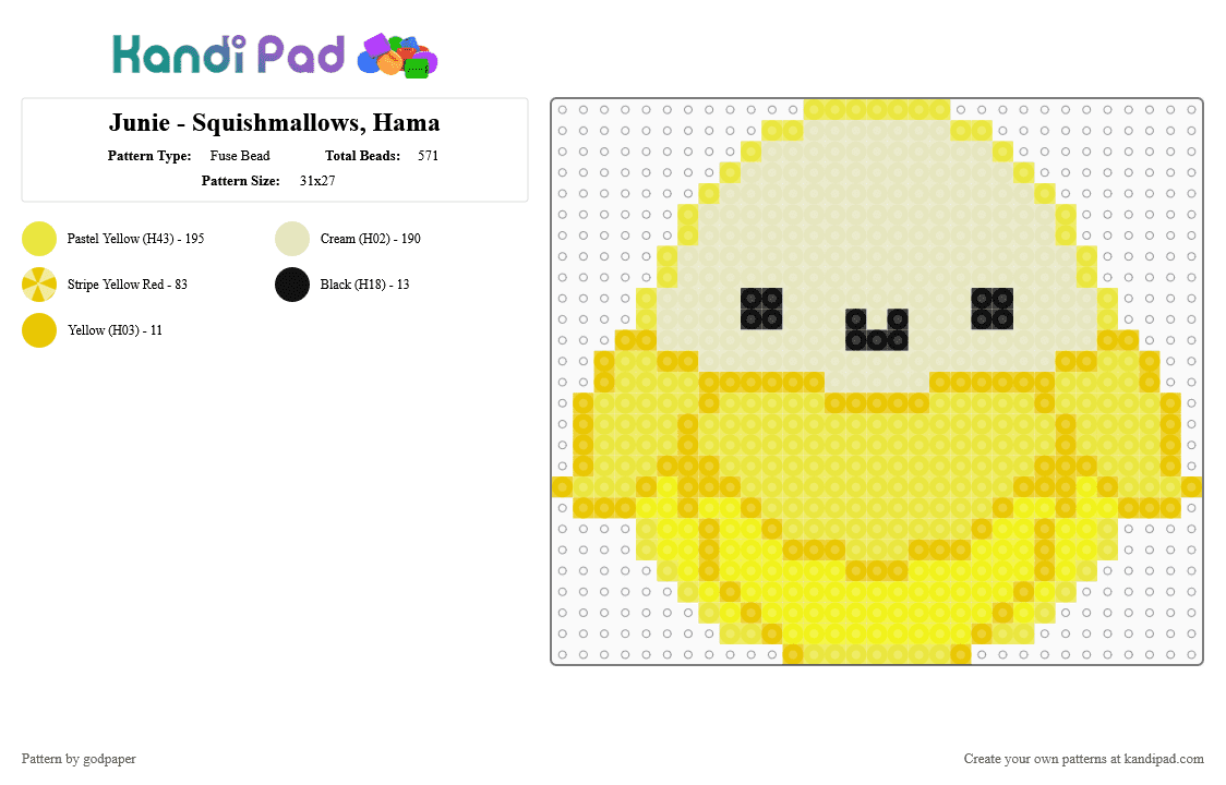 Junie - Squishmallows MY OWN DESIGN - Fuse Bead Pattern by godpaper on Kandi Pad - yellow,beige,squishmallow,squishmallows,junie,banana,cute