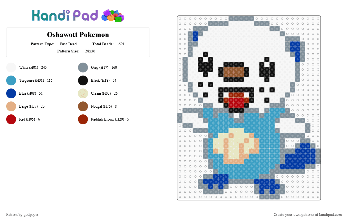 Oshawott - Pokemon, Hama - Fuse Bead Pattern by godpaper on Kandi Pad - cute, gray, hama, happy, light blue, oshawott, pokemon
